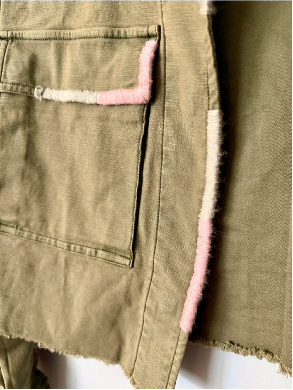 Olive Cropped Utility Jacket with Pink Trim - Picture 4 of 7